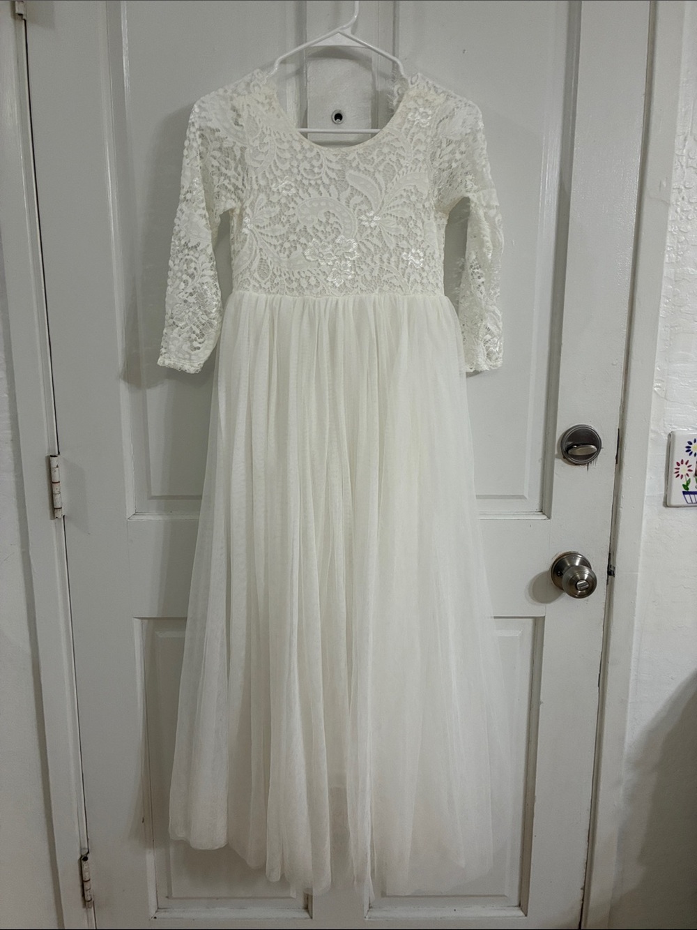 Girls' White Lace & Tulle Long Dress